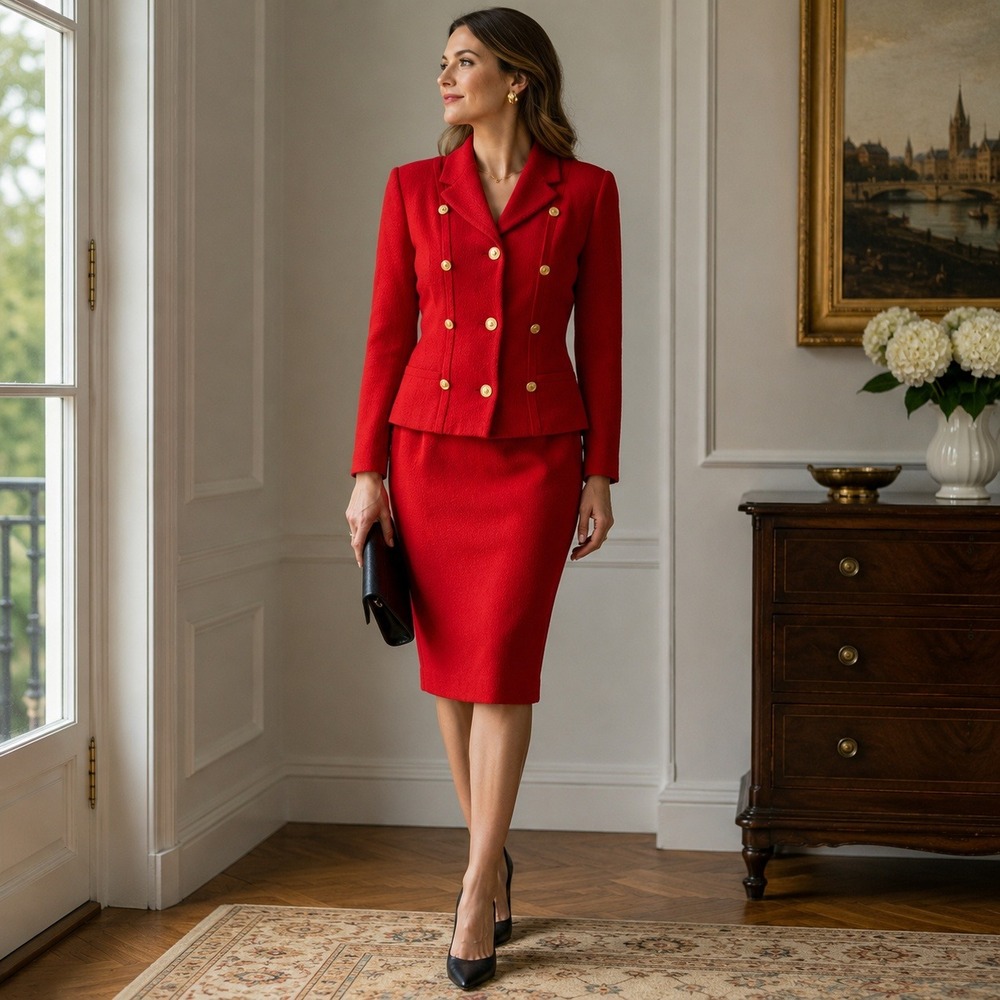 Vintage 90s Castleberry Skirt Suit Red Boucle Gold Button Blazer Women's Size 8